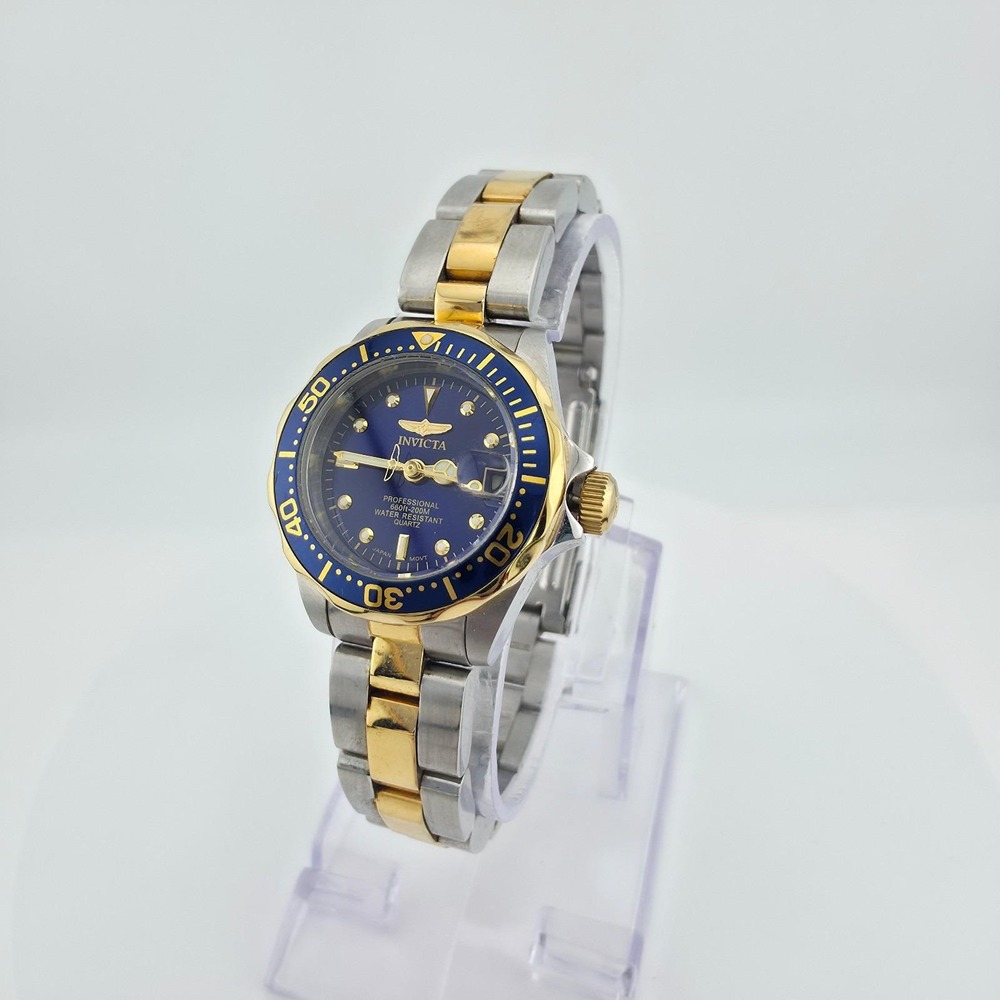 INVICTA Pro Diver Ladies Watch Blue W.R. 200 Meter Silver Gold Tone 6.75"